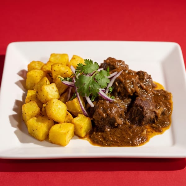 Beef stew with diced potatoes, garnished with red onion and cilantro on a white plate.