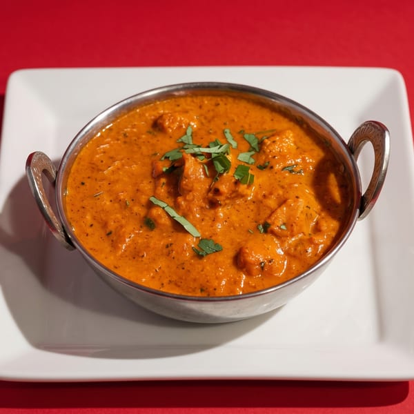 A metal bowl of chicken tikka masala, garnished with cilantro, on a white plate.