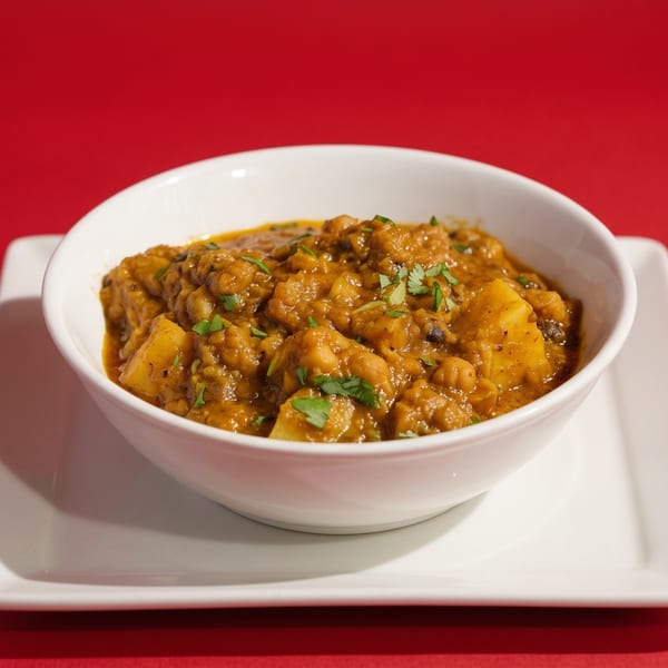 A white bowl filled with a rich, orange-brown curry, garnished with fresh green herbs, on a white plate.