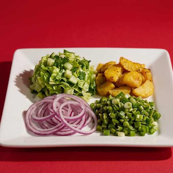 A white plate with four sections of ingredients: lettuce, roasted potatoes, red onion, and green onions.