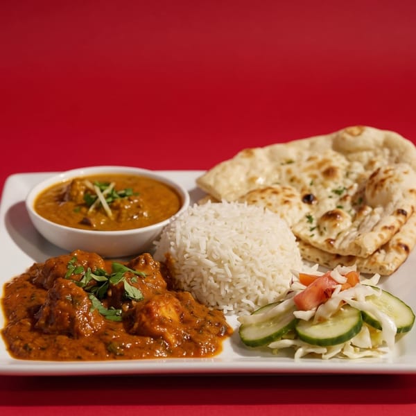 Indian meal with chicken curry, rice, dal, naan bread, and a side salad on a white plate.