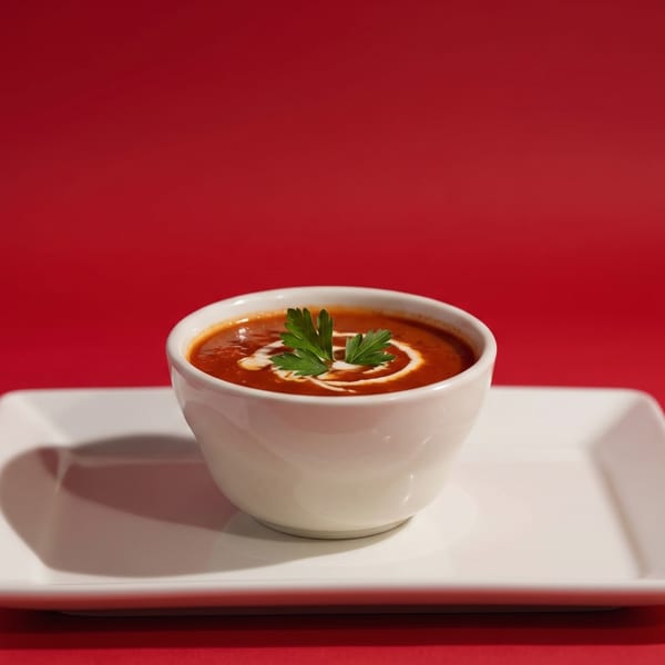 Creamy tomato soup in a white bowl with a parsley garnish on a white plate.