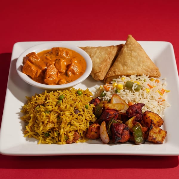 Indian platter with butter chicken, samosas, yellow rice, vegetable rice, and chicken tikka.
