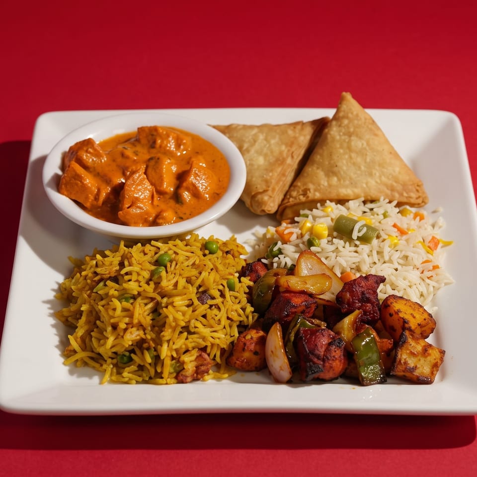 Indian platter with butter chicken, samosas, yellow rice, vegetable rice, and chicken tikka.