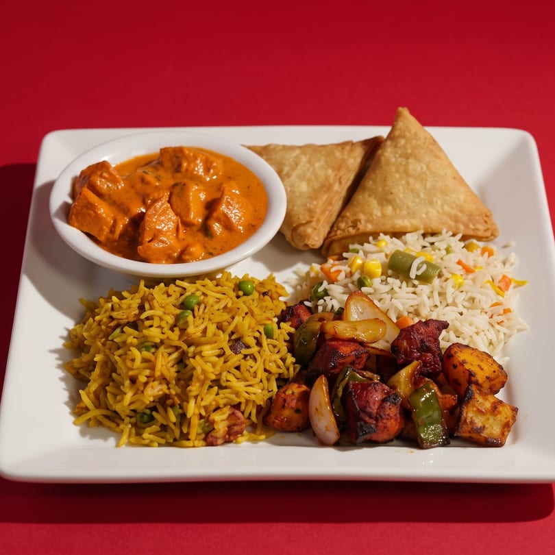 Indian platter with butter chicken, samosas, yellow rice, vegetable rice, and chicken tikka.