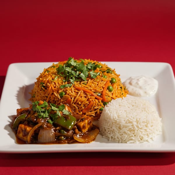 A white plate with vegetable biryani, plain rice, paneer chili, and raita on a red background.